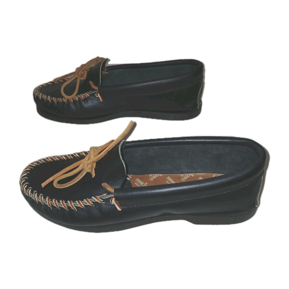 Minnetonka Unisex Camp Moccasins W 9.5 M 8 Black Leather Western Loafer Country - Picture 3 of 16